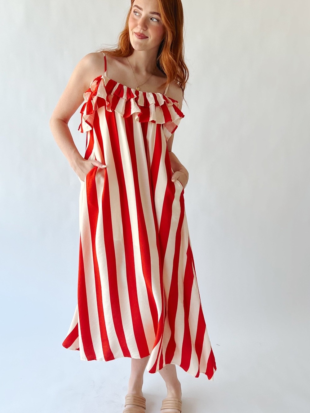 Verizzi Awning Stripe Dress. Red & Cream Ruffle Maxi Dress w/ Straps. Lined.
